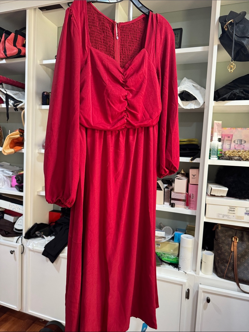 Red Long Sleeve Midi Dress with Ruched Front